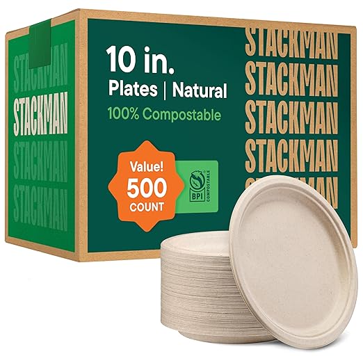 100% Compostable Paper Plates 10 Inch Bulk [500 Count] Heavy-Duty Dinner Plates - Natural Brown Color Unbleached Bagasse - Eco-Friendly Disposable Biodegradable Sugarcane Plates - [Case 4/125 Pack]
