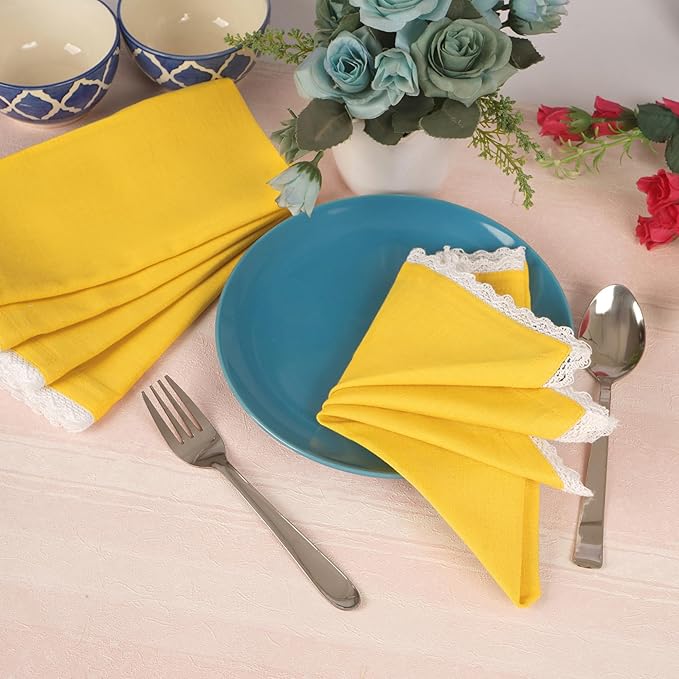 FINGERCRAFT Dinner Cloth Napkin Cotton Linen Blend 4 Pack Mitered Corners with Elegant Lace for Everyday Use Napkins are Pre Shrunk and Good Absorbency Lemon
