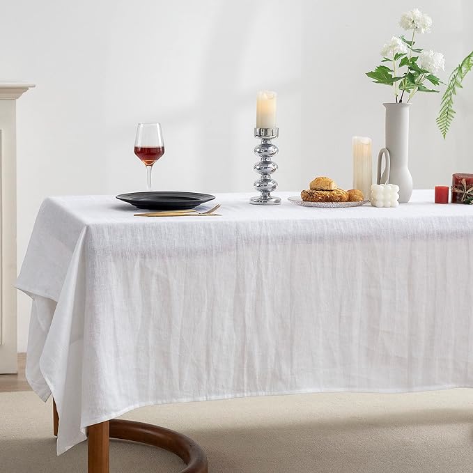 EVERLY 100% Pure Linen Rectangle Tablecloths 60x132Inches for Dining, Buffet Parties, Picnic,Events, Weddings and Restaurants, Decorative Halloween, Thanksgiving Machine Washable Tablecloths-White