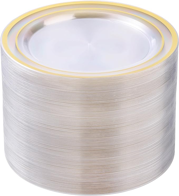 BESTSTAR 100PCS Clear Plastic Plates for Party, 10.25 Inch Disposable Plates with Gold Rim, Heavy Duty Dinner Plates for Christmas, Wedding and Birthday
