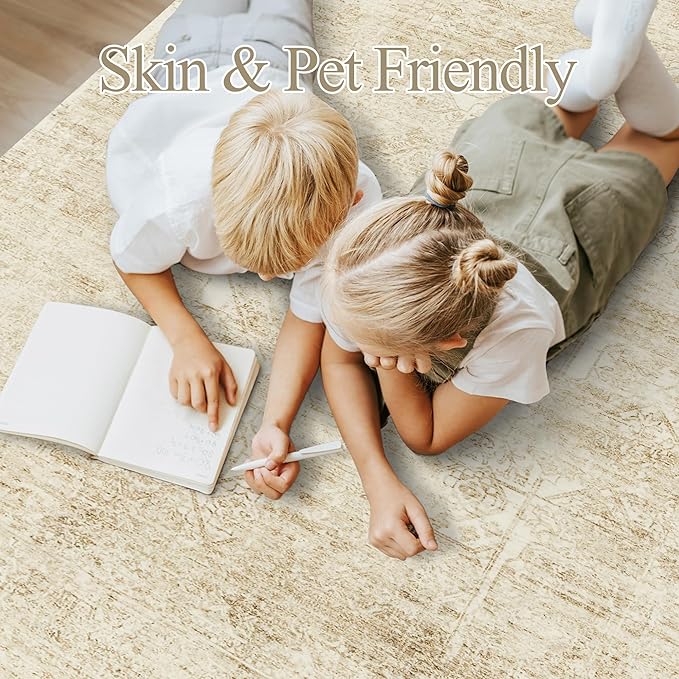 Washable Area Rug 8x10, Large Soft Rugs for Living Room Vintage Beige 8x10 Area Rugs for Bedroom Dining Room Floral Non-Slip Thin Rug