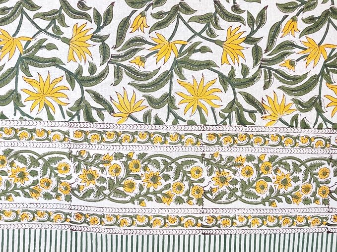 ATOSII Noor 100% Cotton Rectangle Spring Tablecloth, Handblock Floral Print Linen Table Cloth for Kitchen Dining I Parties, Outdoors, Weddings, Easter Holidays I 72 X 140 Inches I 12 Seater