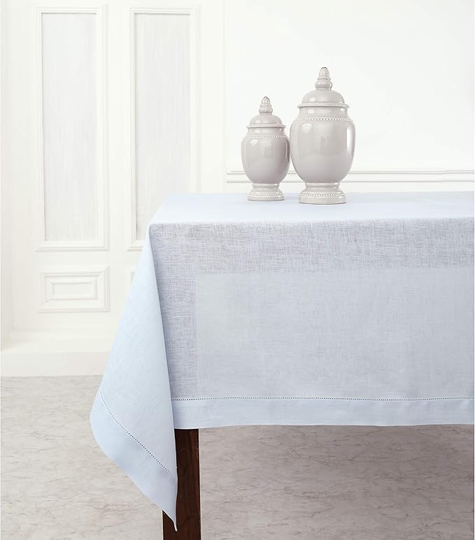 Solino Home Light Blue Linen Tablecloth 60 x 90 Inch - 100% Pure Linen Hemstitch Table Cloth for Rectangle Tables - Classic Hemstitch, Machine Washable Tablecloth for Spring, Easter