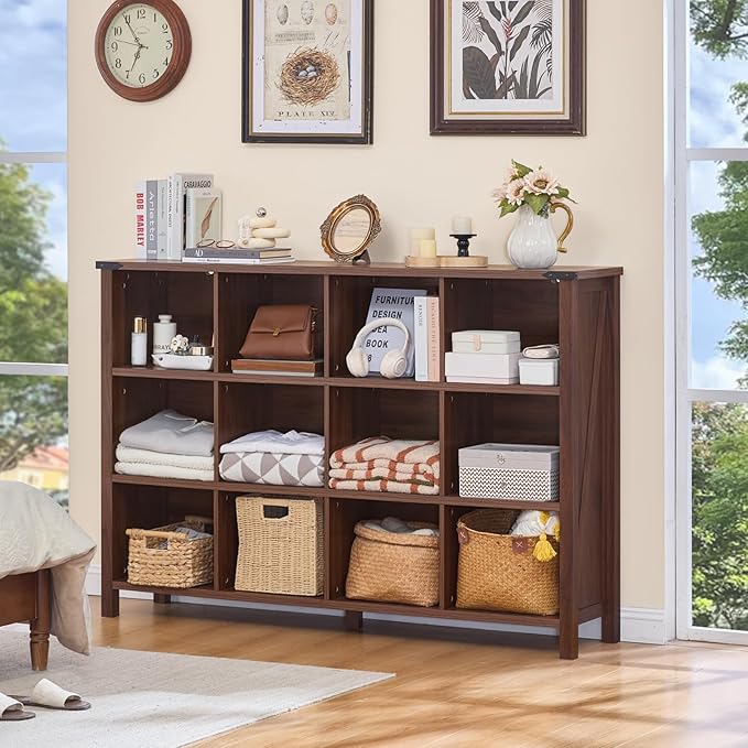 12 Cube Storage Organizer, Farmhouse 62 Inch Wide Brown Walnut Display Bookshelf, Wooden 3 Tier Large Open Book Shelf, Vintage Bookcase for Home Office, Cubby Cabinet for Living Room, Office