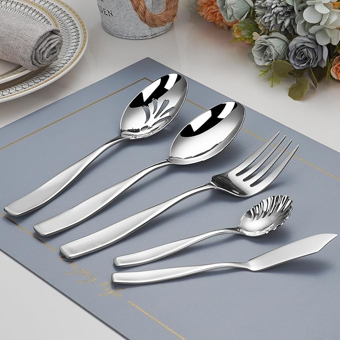 45-Piece Stainless Steel Silverware Set for 8, 18/10 Flatware With Serving Utensil, Heavy Duty Silverware Set, Mirror Polish High End, Dishwasher Safe, Ideal for Gift