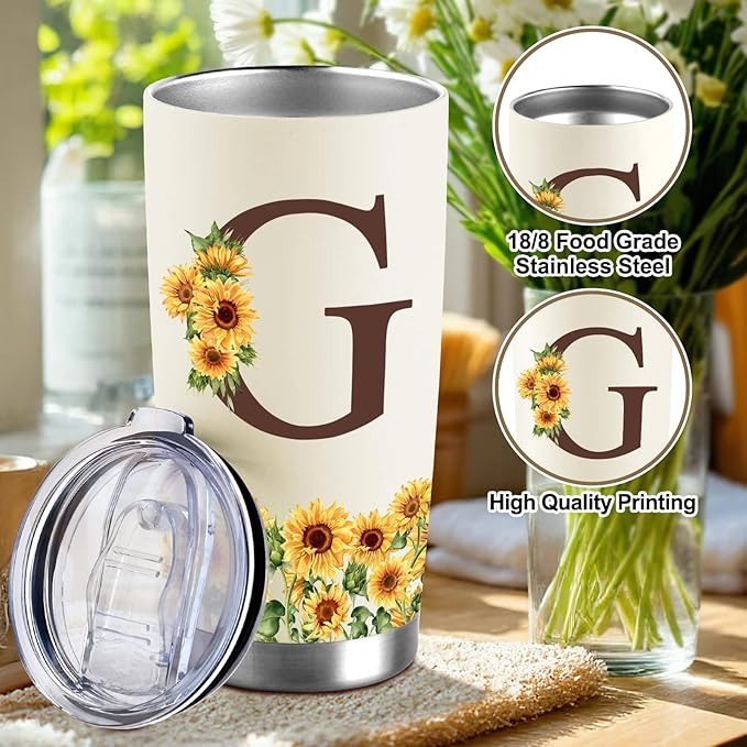 Sunflower Gifts for Women - Personalized Christmas Gifts for Women - Birthday Gift for Woman - Mothers Day Gift for Mom - Monogrammed, Initial 20oz Travel Cup Insulated Tumbler with Lid, G