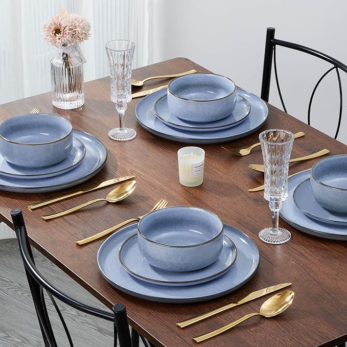 E-far 24-Piece Reactive Glaze Dinnerware Sets, Ceramic Dishes Set for 8, Stoneware Plates and Bowls Dinning Ware, Microwave & Dishwasher Safe - Ocean Blue