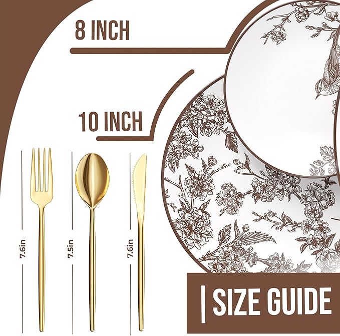 Trendables Fancy Plastic Dinnerware Sets 200 Pc Set 40 Guests Gold Silverware Disposable 40 X 10 Inch Charger Plates 40 X 8 Inch Dessert Plates 40 x Gold Plastic Forks and Spoons Knives In Rustik