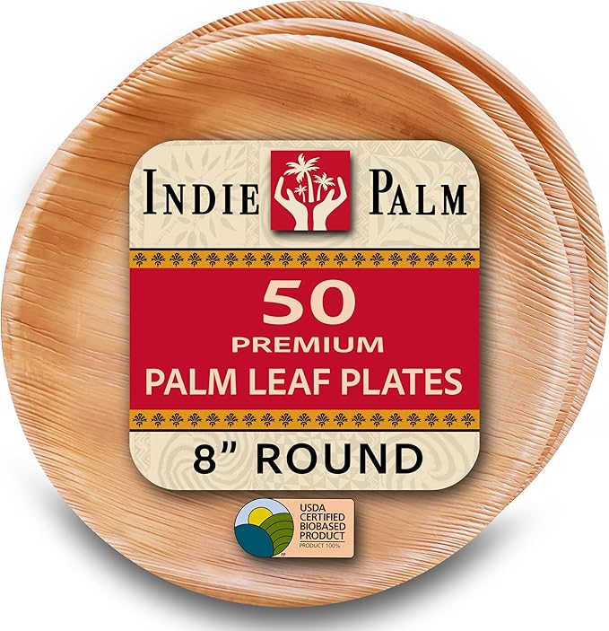 Indie Palm Disposable Palm Leaf Plates – 50 Pack 8 Inch Round – Heavy Duty, 100% Compostable & Biodegradable – Eco-Friendly Alternative to Plastic & Bamboo – Perfect for Parties & Events