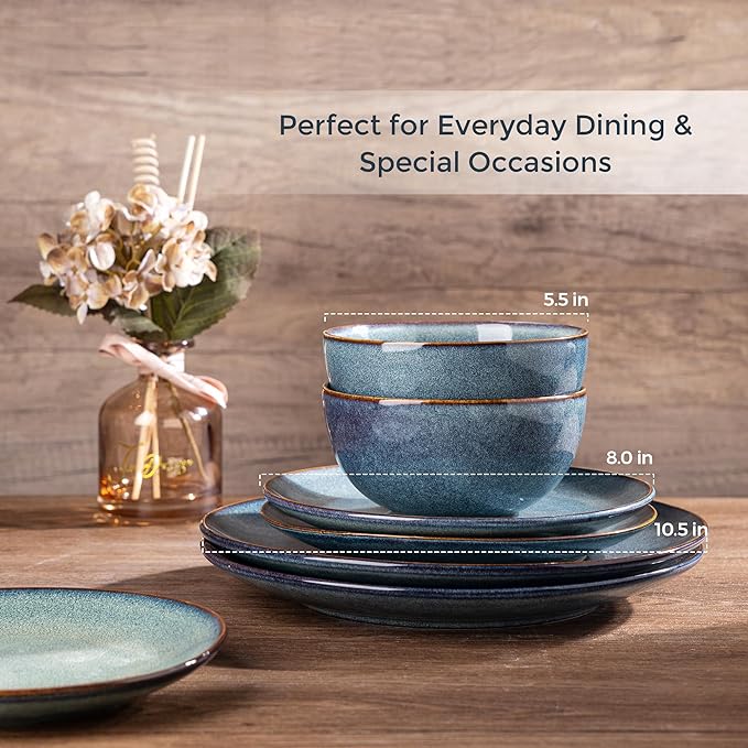 AmorArc Ceramic Dinnerware Sets for 6, 18 Pieces Handpainted Plates and Bowls Set, Scratch Resistant Stoneware Dishes Set, Dishwasher & Microwave Safe, Ceylon Blue