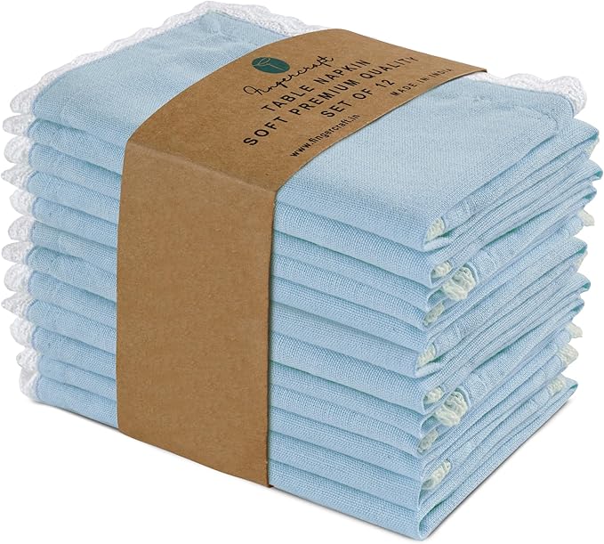 Fingercraft Dinner Cloth Napkin Cotton Linen Blend 12 Pack 12In Mitered Corners with Elegant Lace for Everyday Use Napkins Cloth are Pre Shrunk and Good Absorbency Sky Blue