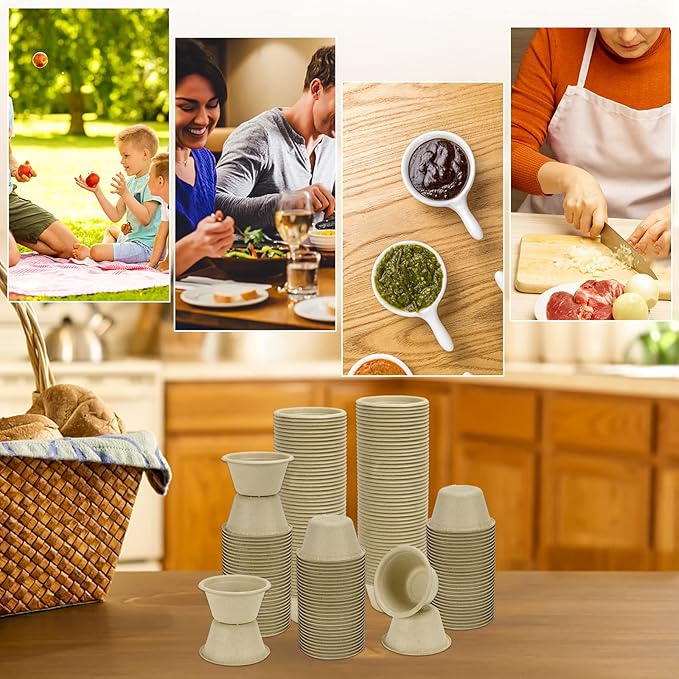 LeonBach 200 Pack 2oz Natural Sugarcane Paper Bowls, Compostable Paper Condiment Snack Sample Tasting Serving Cups Biodegradable Food Containers Small Dipping Cup