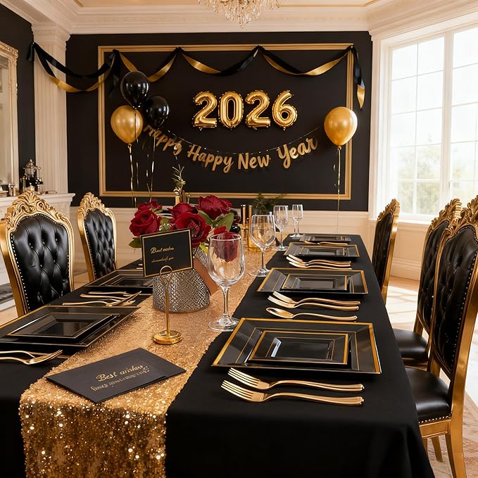 Liacere 100PCS Black and Gold Square Plastic Plates-50PCS Dinner Plate and 50PCS Dessert Plate-Durable Fancy Disposable Plates for Party & New Year & Martin Luther King Jr. Day
