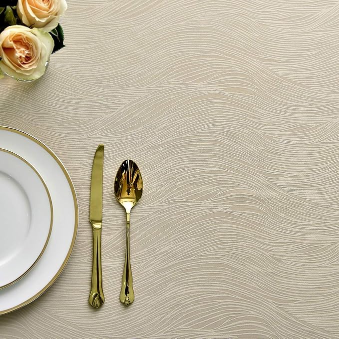 maxmill Jacquard Table Cloth Swirl Design Water Resistant Wrinkle Resistance Heavy Weight Soft Tablecloth for Kitchen Dinning Tabletop Decoration Oblong 60 x 140 Inch Beige