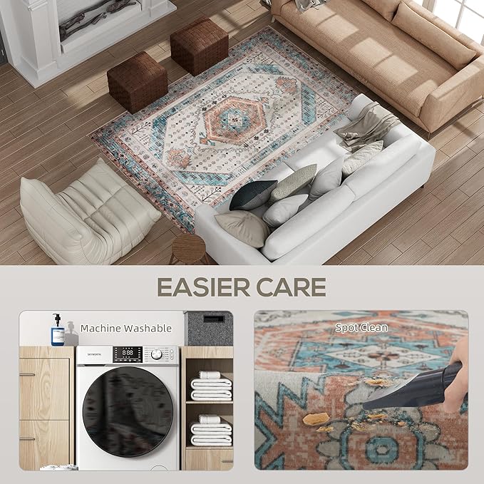 HOMCOM Washable Area Rug, 4'x6' Vintage Indoor Distressed Carpet, Retro Floor Cover Foldable, Floral Print Mat for Living Room, Bedroom, Dining Room, Brown and Blue