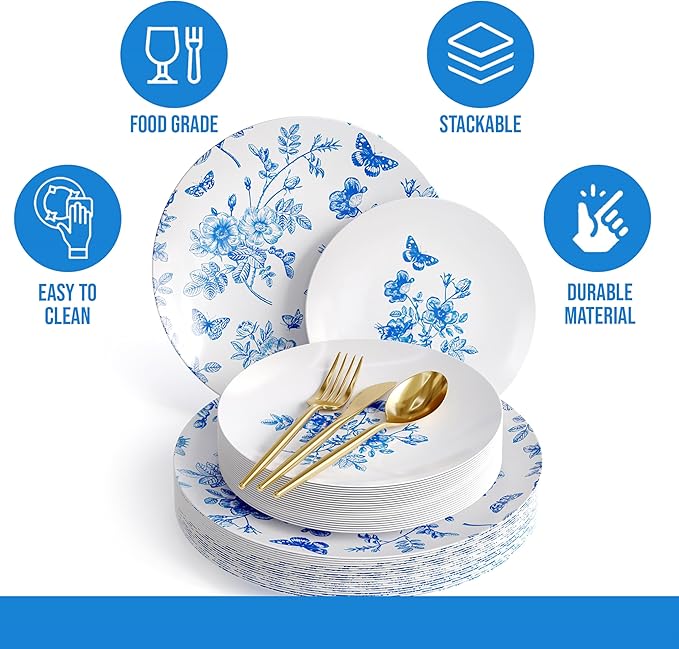 Trendables Fancy Plastic Dinnerware Sets 200 Pc Set 40 Guests Gold Silverware Disposable 40 X 10 Inch Charger Plates 40 X 8 Inch Dessert Plates 40 x Gold Plastic Forks and Spoons Knives In Botanical