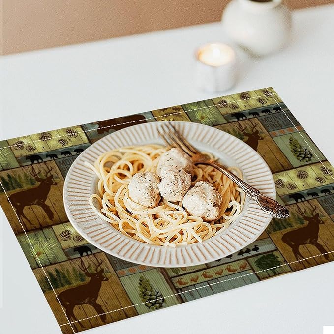 Rustic Bear Deer Placemats Wildlife Moose Forest Animal Cabin Lodge Lake Pine Heat-Resistant Linen Table Place Mats for Dining Kitchen Country Camp Style Farmhouse Decor 12x18 in 6 PCS