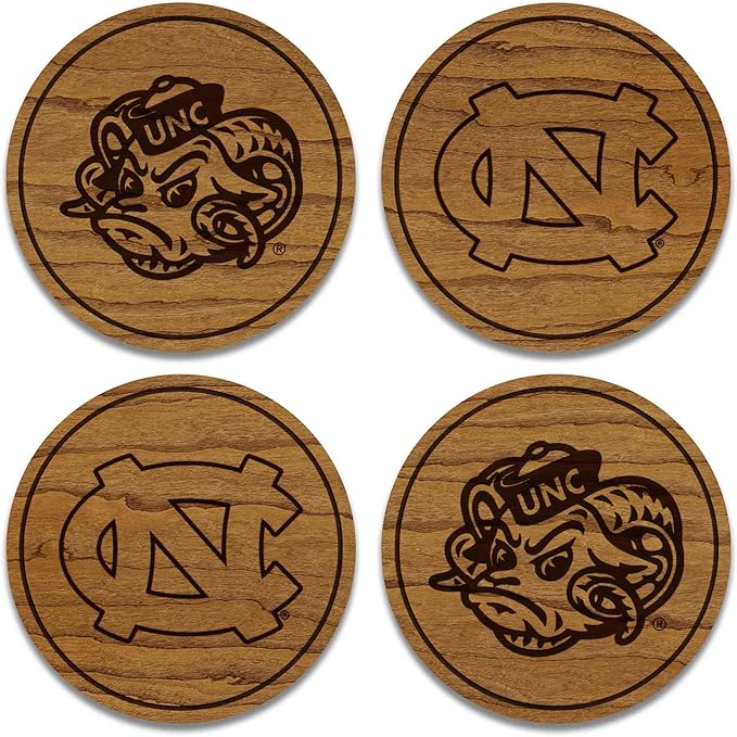 LazerEdge North Carolina Tar Heels Wooden Coaster Set - Cherry Wood - Officially Licensed Product - 4-Pack