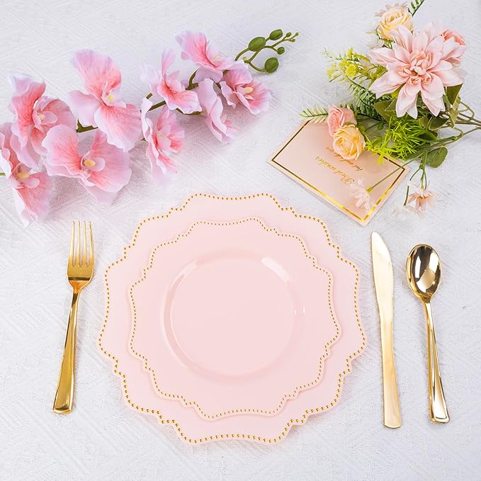 COLOSUS 60Pcs Disposable Plastic Plates Set, Gold Pink Party Plates, 30pcs Dinner Plates and 30pcs Salad/Dessert Plates for Wedding, Party, Anniversary, Daily Use,Valentine's Day