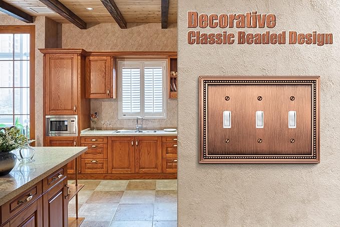 Henne Bery Sunken Pearls Heavy Duty Decorative Wall Plate Switch Plate Outlet Cover (Triple Toggle, Antique Copper)