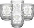 4 Pack 12 Oz Vintage Glassware Drinking Glasses Set, Embossed Floral Decorative Glassware Set for Whiskey, Beer, Juice, Wine（Transparent）
