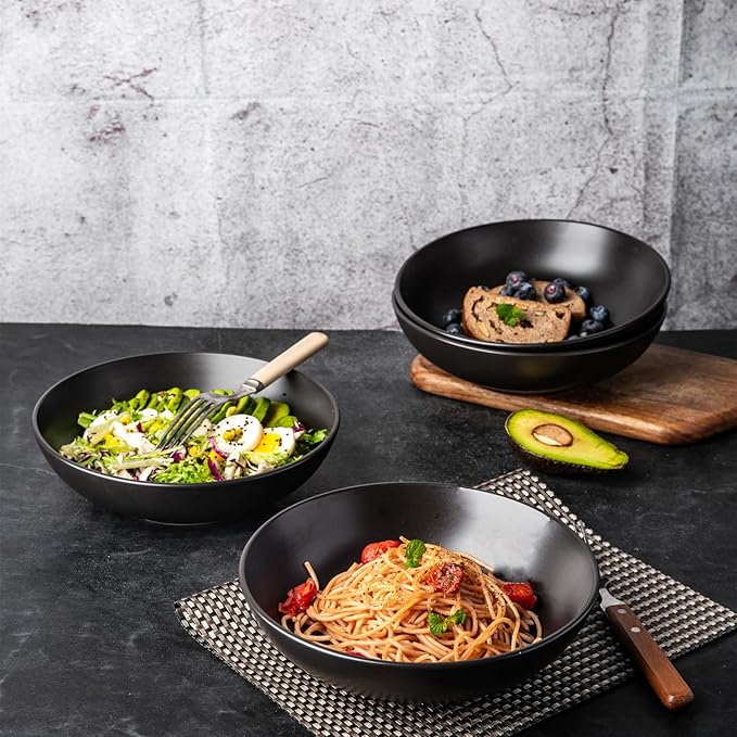 AmorArc 8.75‘’ Large Pasta Bowls, 42 ounce Deep Stoneware Bowls Set of 6 for Kitchen, Wide Bowl for Pasta/Salad/Fruit/Oatmeal/Soup, Microwave&Dishwasher Safe-Matte Black