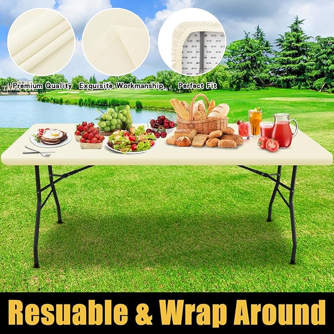 Smiry Rectangle Picnic Table Cloth, Waterproof Elastic Fitted Tablecloths for 6 Foot Tables, Washable Polyester Table Cover for Camping, Indoor and Outdoor (Beige, 30"x72")