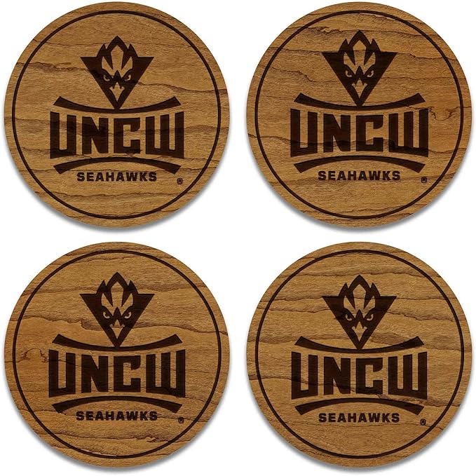 LazerEdge UNC Wilmington Seahawks Wooden Coaster Set - Cherry Wood - Officially Licensed Product - 4-Pack