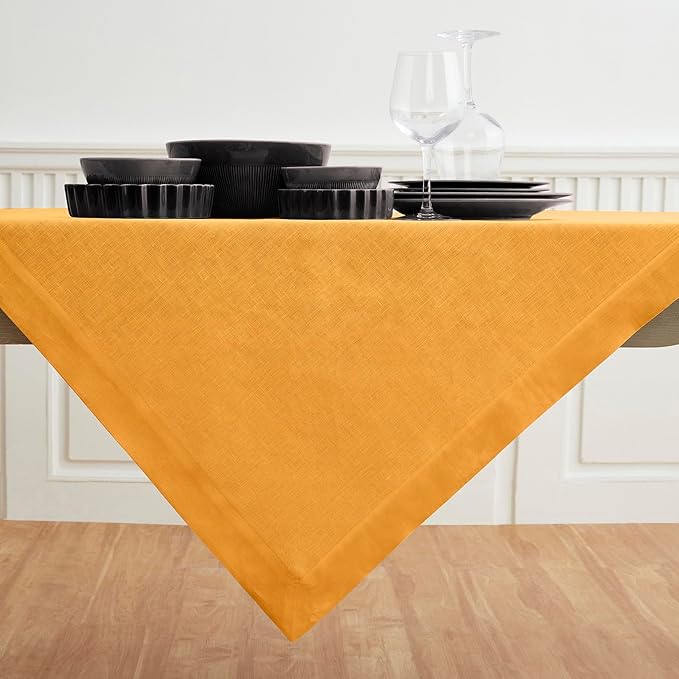 Solino Home Linen Tablecloth 52 x 52 Inch - 100% Pure Linen Tangerine Yellow Square Tablecloth - Fete, Machine Washable Table Throw for Spring