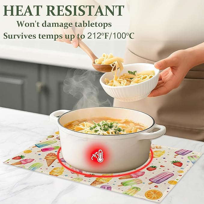 Summer Ice Cream Cloth Placemats,Fruits Popsicle Heat-Resistant Table Placemats Set of 6, Washable Linen Place Mats for Dining Room Table Decor Home Restaurant Cafes Holiday Party 11.8x17.7 Inch