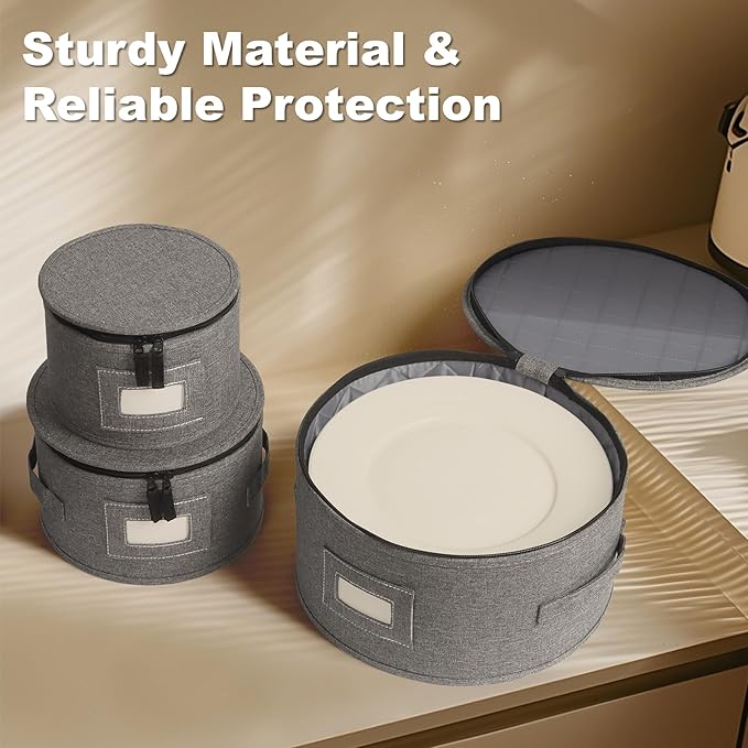 China Storage Containers, 4PCS Hard Shell Dish Storage Containers with Felt Dividers for Charger Plates Dinnerware, Moving Boxes for Dishes, Stackable Plate Storage Cases for 12 Place Setting