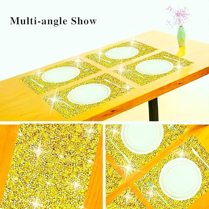 Gold Placemats Gold Heat Resistant Mat Square Placemats Trivets Rhinestone Decor Place Mat Crushed Diamond Decor Bling Sparkly Mat Set of 1