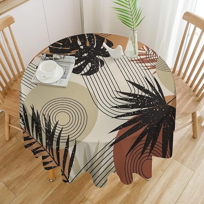 Boho Medieval Abstract Leaves Round Tablecloth, Mid Century Modern Bohemian Style Print Tablecloth for Home Party Dining Room Kitchen Decor 70Inch(178cm)