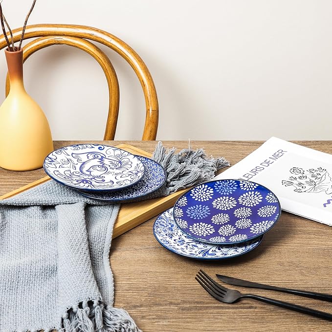 Selamica Dessert Plates Ceramic, 6 Inch Embossed Small Plates for Appetizer, Cake, Snacks, Microwave Dishwasher Safe, Set of 4, Blue
