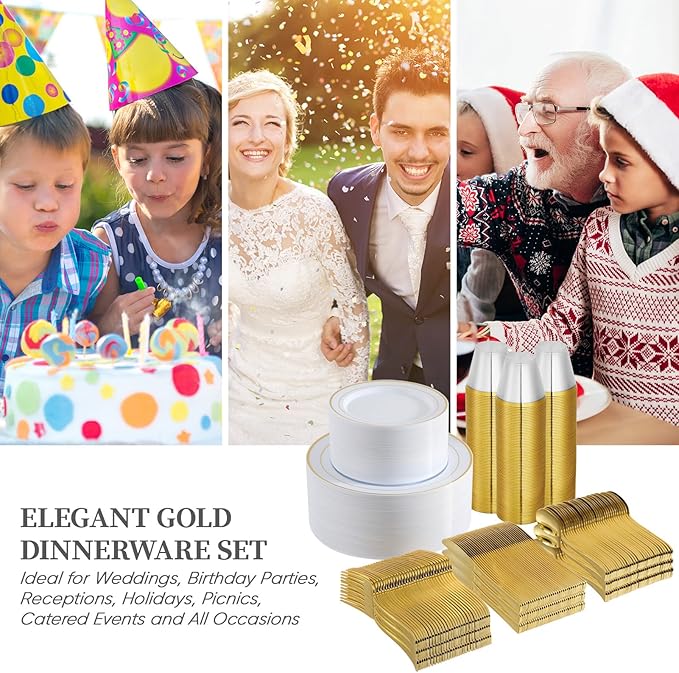 FOCUSLINE 600 Ct Gold Dinnerware Set for 100 Guests - Gold Rimmed Disposable Plastic Plates, Includes 100 Dinner & Salad Plates, Cups, Cutlery Set for Wedding Parties