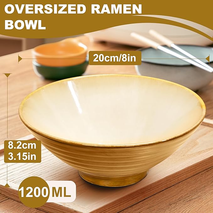 8-Inch 4 Sets Ceramic Ramen Bowl (16 Piece) - Japanese Porcelain Dishwasher Microwave Safe Salad Noodles Cereal Pasta Soup Large Bowls with Chopsticks Forks Spoons for Men Women Housewarming Gift