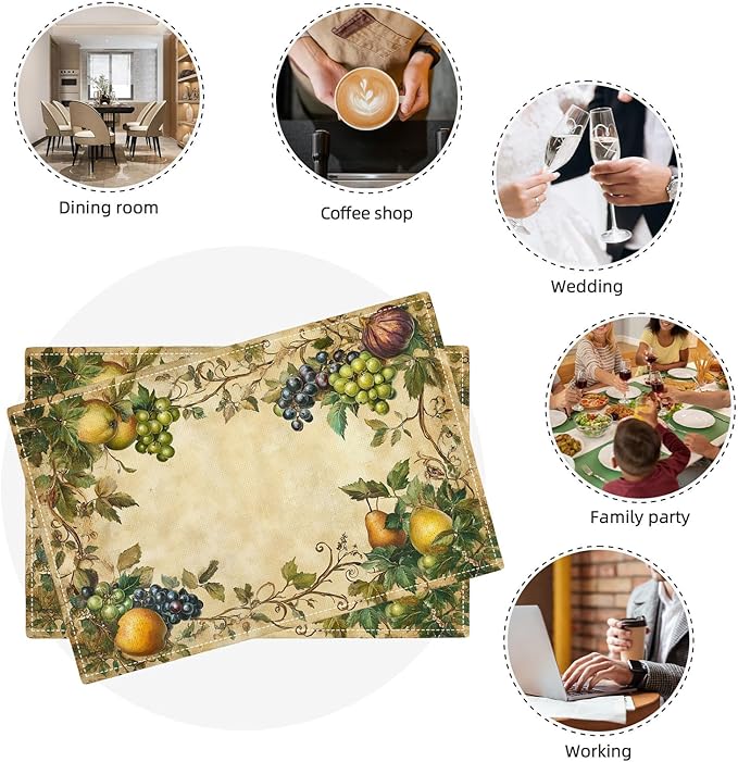 Fruit Placemats Set of 4, Fruits Grape Table Mats, Washable Place Mats for Home Party Indoor Kitchen Dining Table Decoration 12x18 Inch
