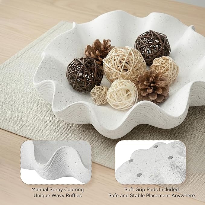 Scalloped Decorative Bowl Home Decor - 12.6" Modern Handicraft Large Shell Ruffle Decorative Fruit Bowl for Kitchen Counter, Chic Key Tray for Entryway Table, Artificial Stone White
