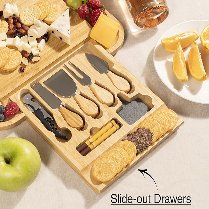Large Bamboo Cheese Board Gift Set with Slide-Out Drawer & Knife Set – Charcuterie Board for Entertaining, Housewarming & Valentine’s Day Gifts