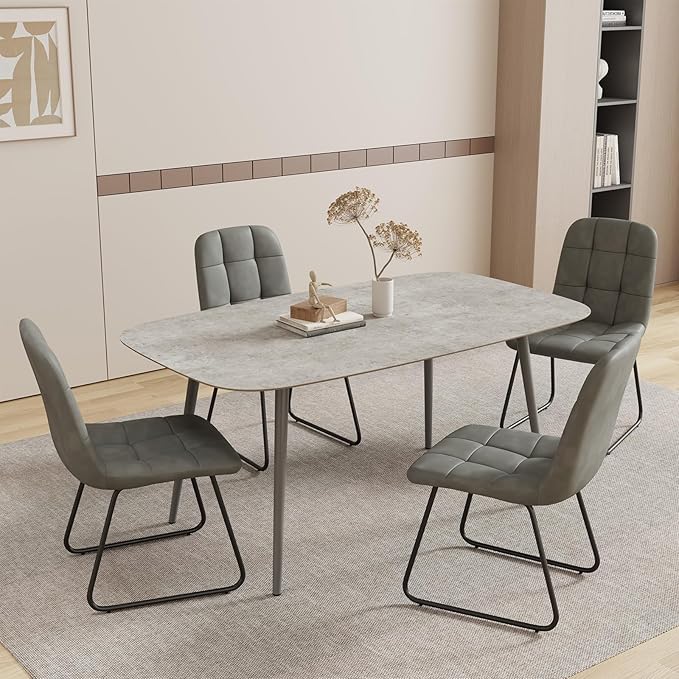 55.1'' Modern Dining Table Set for 4, Gray Wood Table with 4 Faux Leather Chairs, Kitchen & Dining Room Furniture Set, Space-Saving Table and Chairs for Apartment, Home, Small Spaces
