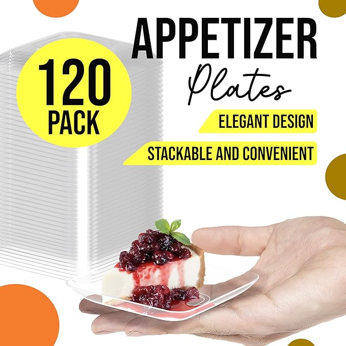 Exquisite Tiny Mini Dessert Plates - 120 Pack 2.4 In. x 2.4 In. Clear Disposable Appetizer Plates - Small Plastic BPA Free for Weddings