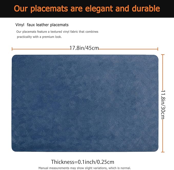 Vinyl Placemats Set of 8 Faux Leather 100% Waterproof Wipeable Washable Place Mats Heat Resistant Easy Clean Non-Slip Table Mats for Indoor Outdoor. (8,Blue)