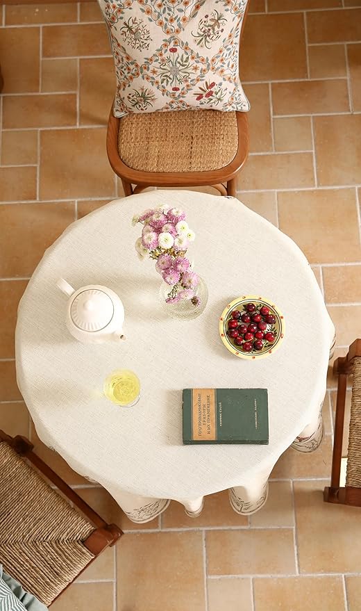 ISAENNE Designer Off White Linen Small Round Tablecloth,Floral Elegant Table Cloth,Stain Resistant Vintage Decor Tablecloths for Dining Thanksgiving Kitchen Christmas,Diameter 55"-Serenity G