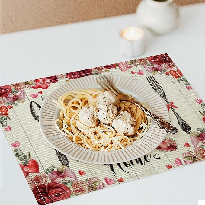 Retro Farmhouse Placemat Set, Romantic Pink Rose Floral Rural Plank Art Sketch Cutlery Knife Fork Inspirational Quotes Pattern Home Decor Linen Table Mats for Dining Room Kitchen Party (17x12in) x6P