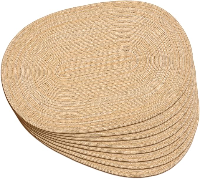 Noctiflorous Oval Braided Placemats Set of 8 Woven 12x18 Inch Non Slip Washable Heat Resistant Place Mats Round Tablemats for Dining Kitchen Party Daily Table Decor Dinner Mats (Beige Brown, 8)
