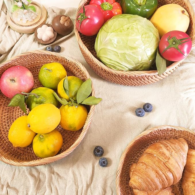 11.2" Large Wave Rattan Bread Basket for Fruit, Natural Wicker Fruit Basket for Kitchen Counter, Hand Woven Food Baskets, Bread Baskets for Serving, Fruit, Vegetable, Candy, Nuts, Keys, Wallets, Etc.