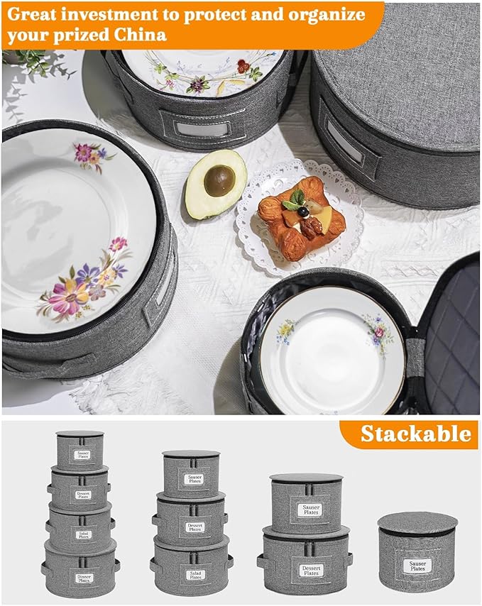 punemi China Storage Containers, Dish Storage w/Hard Shell Top Side Bottom Support & Felt Dividers for Charger Plates Dinnerware, Perfect for Moving Supplies, 4 set Stackable Fine China Storage, Gray