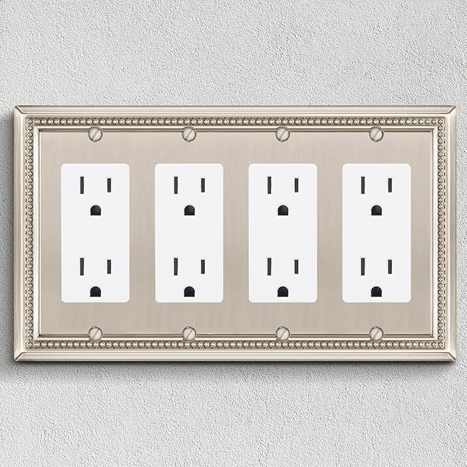 Henne Bery Sunken Pearls Heavy Duty Decorative Wall Plate Switch Plate Outlet Cover (Quad Decorator, Satin Nickel)
