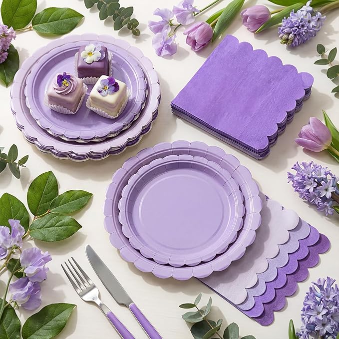110 Pcs Purple Plates and Napkins Tableware Set Serve 25 Guests Includes Scalloped 9" 7" Paper Dessert Dinner Plate Purple Series Napkins for Spring Birthday Wedding Baby Shower Tea Party