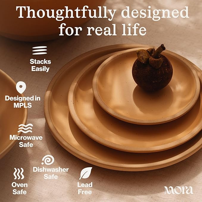 MORA Small Plates Set of 4, 6.5 inch Ceramic Pottery Dessert Plates - Microwave, Oven and Dishwasher Safe - Terracotta
